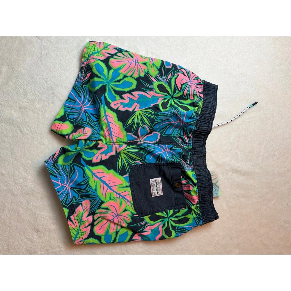 Party Pants Mens Tropical Neon Leaf Print Swim Trunks Shorts Black Large